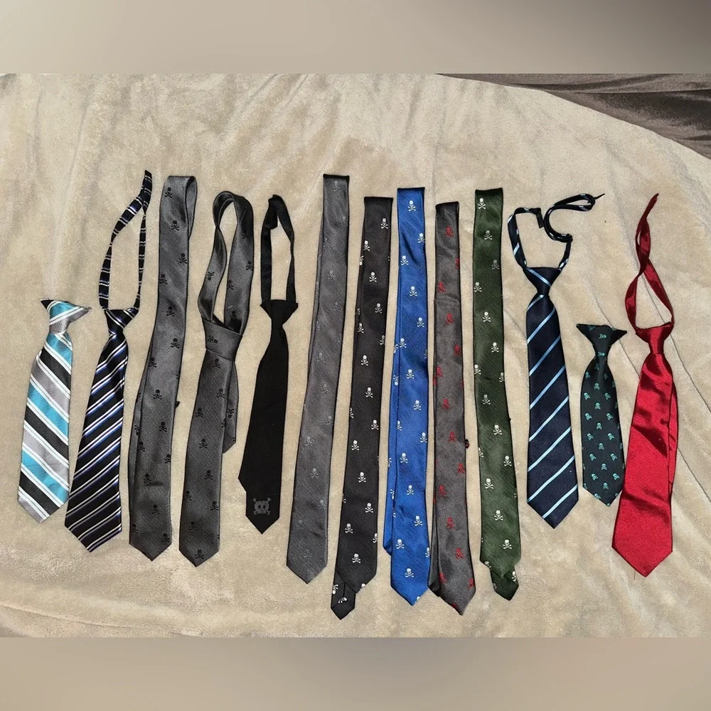 13 youth kids ties clip on, regular skulls gray, black blue red green teal